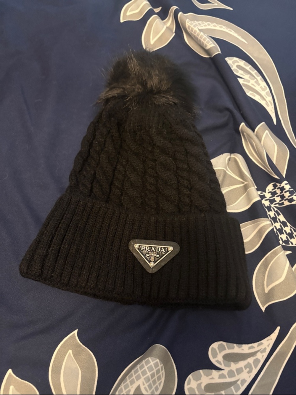 Prada Black Cable-Knit Beanie with Pom